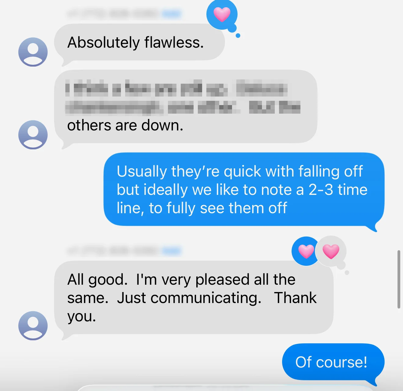 Client text: Absolutely flawless — all good, I'm very pleased, thank you