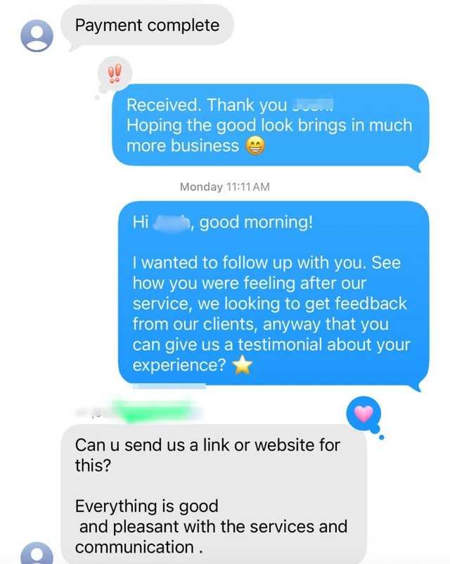 Client text: Payment complete — everything is good and pleasant with the services and communication