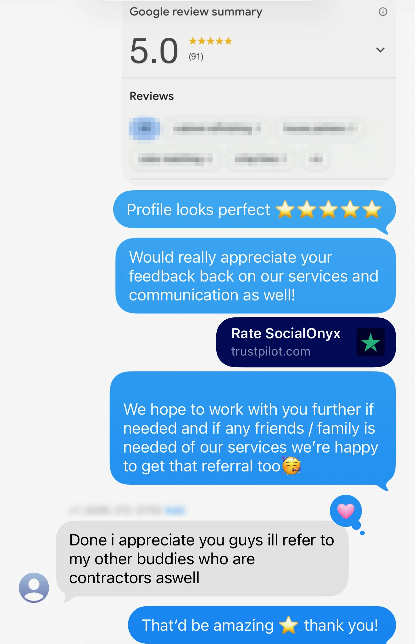 Client text next to their 5.0 Google review summary: Done, I appreciate you guys, I'll refer my other buddies who are contractors as well