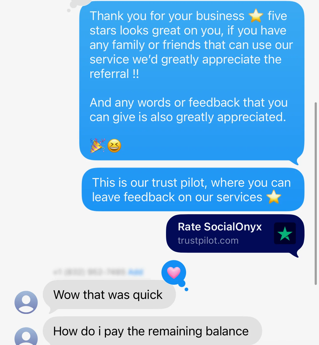 Client text: Wow that was quick — how do I pay the remaining balance