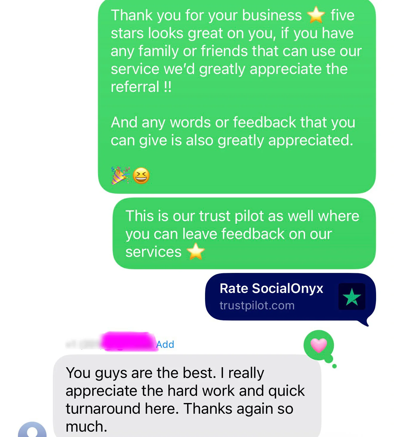 Client text: You guys are the best — I really appreciate the hard work and quick turnaround
